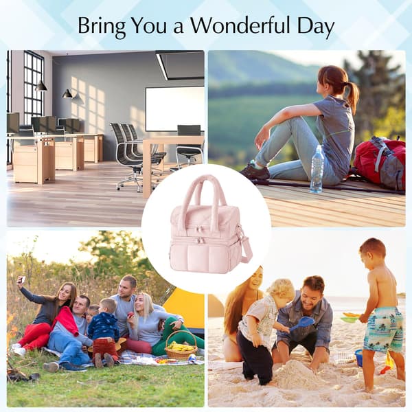 Insulated Lunch Bag, Double Deck Leakproof Cooler Bag, Quilted Puffer Design & Pink
