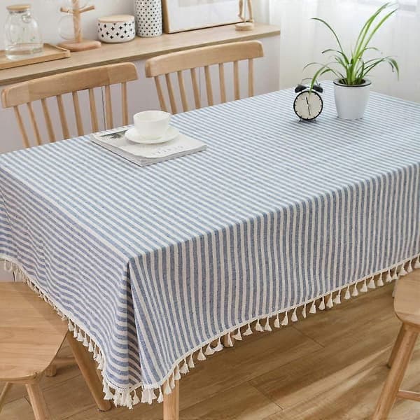Cotton Linen Tablecloth with Stripes and Tassels, Rectangular, Dustproof Tablecloth for Kitchen, Dining Table, Table Decoration (140 cm x 180 cm, Blue)