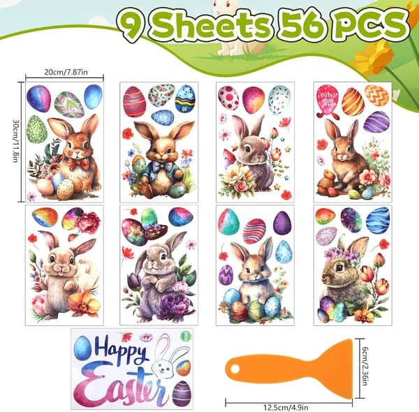 Easter Window Decorations Rabbit and Egg Design Electrostatic Adhesion Reusable 9 Sheets 20x30cm Includes Scraper