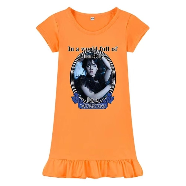 Barn Flickor Onsdag Addams Tryckt Addams Familjetema Yöpaita Lyhythihainen Kesä Pyöreä Kaula-aukko Löysä Oranssi 150
