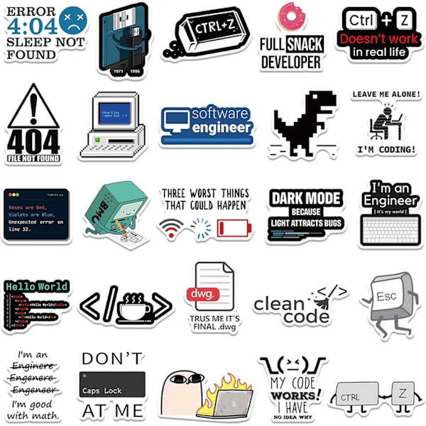 50 stk Programmeringsklistremerker, Gaver til Utviklere, Programmerere, Hackere, Ingeniører, Programvareklistremerker for Laptop, Datamaskin, Vannflaske