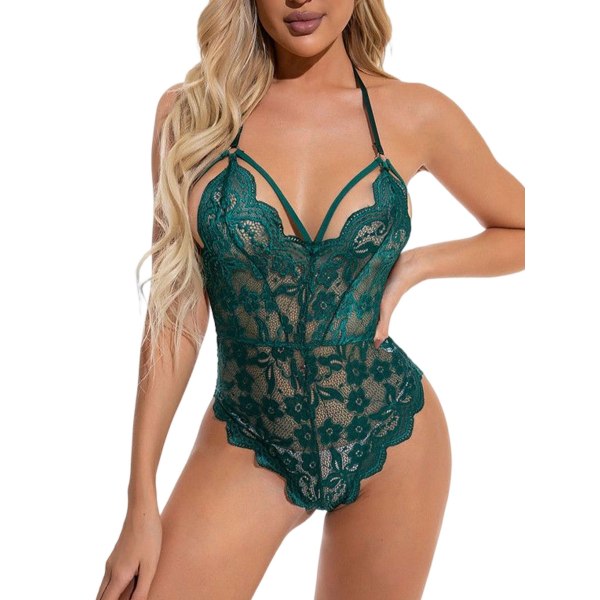 Women's Lingerie Lace Babydoll Deep V Flowers Backless Embroidery Sleeveless Bodysuit Green, Size: S