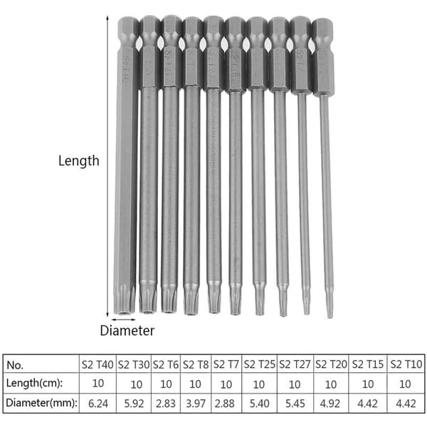 10 pcs 100mm 1/4\" Hex Shank S2 Steel Torx Screwdriver Bits Set