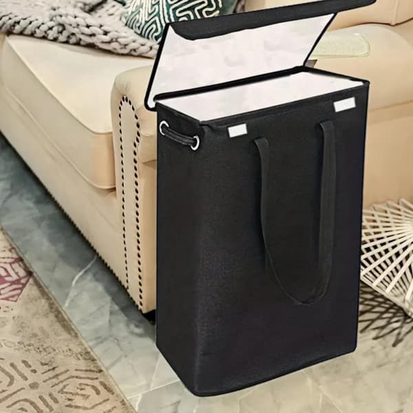 Foldable Laundry Basket 45L – With Lid & Handle – Slim – Black