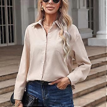 Løse Shacket-skjorter til kvinder - Knaplukning, ensfarvede skjorter, oversized langærmede skjorter, bluser, efterårstøj, toppe, blå S(S Blå)