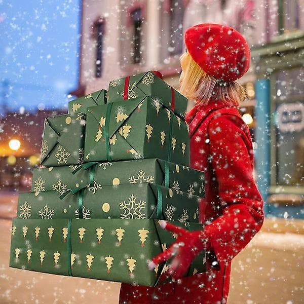 Julklappspapper 70x50 cm, 5 ark med band, julklappar, förpackningsmaterial, grönt presentpapper