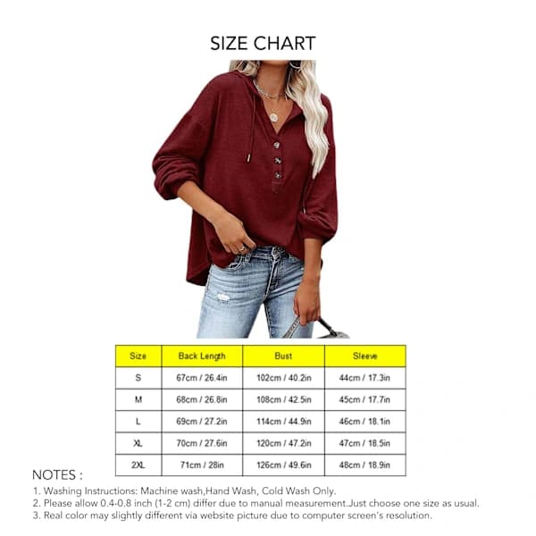 Women's Button-Down V-Neck Long Sleeve Drawstring Top for Office, Workout, Wine Red, XL