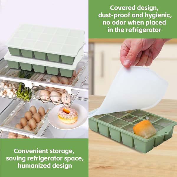 Ice cube trays with lid, stackable silicone ice cube trays, for cocktails and whiskey, green, set of 2