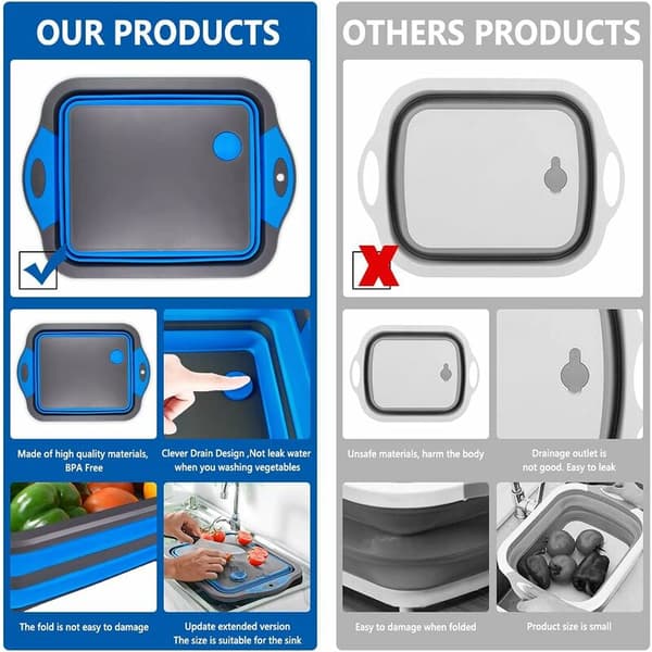 Cutting Boards, 4 in 1 Foldable Cutting Board with Dish Basin, Multifunctional Foldable Dish Basin (Blue)