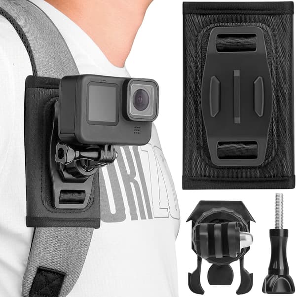 Backpack Shoulder Strap Mount Compatible with Gopro Hero 11 / 10 / 9 / 8 / 7 / 6 DJI Osmo Action insta360 Camera Backpack 360° Rotatable Mount