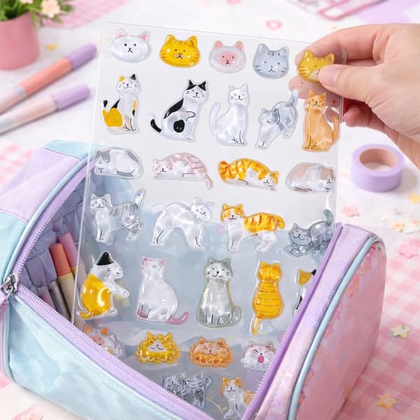 3D Cat Sticker Set - Crystal Shine, Reusable PVC