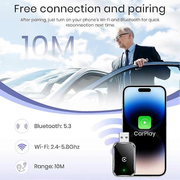 Langaton CarPlay-sovitin iPhonelle, langallinen langattomaksi, minikoko, USB ja USB-C, ei viivettä,A