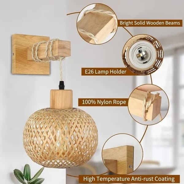 Bamboo Wall Lamp Lantern Shape, Hand-Woven Lampshade, E26 Socket, Suitable for Bedroom and Living Room