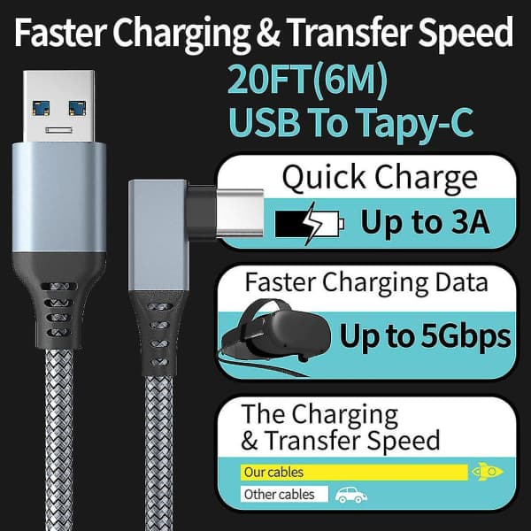 Linkkabel for Oculus Quest 2 Hurtiglading og dataoverføring USB C 3.2 Gen1 5 Gbps PD-overføringsladekabel VR-headset Linkkabel Grå 6M Grey 6M