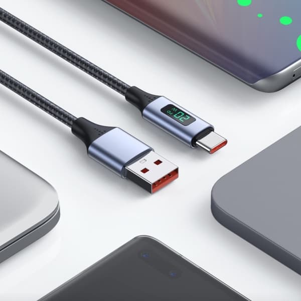 PD 20W USB til USB C-kabel, 3.0A hurtigopladningskabel USB C med LED-display, nylon type C-kabel til bærbare telefoner