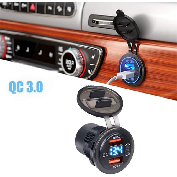 QC3.0 Dobbel USB-billader med LED-knappbryter Spenningsdisplay Blå Båter