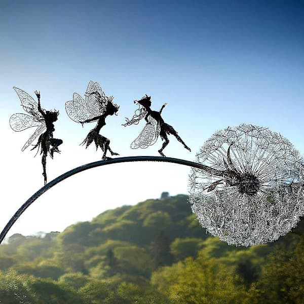 Blomsterfe, Fe danser med mælkebøtte, metalskulptur til haven