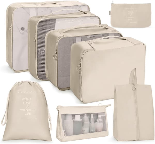 Packing Cubes for Suitcase 8pcs Compression Packing Cubes for Travel Waterproof Beige
