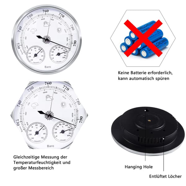 Analog værstasjon, barometer, termometer, hygrometer (sølv, 128 mm) sølv silver
