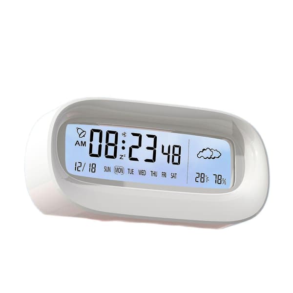 Oval digital LED-väckarklocka med kalender, väder, temperatur och luftfuktighet
