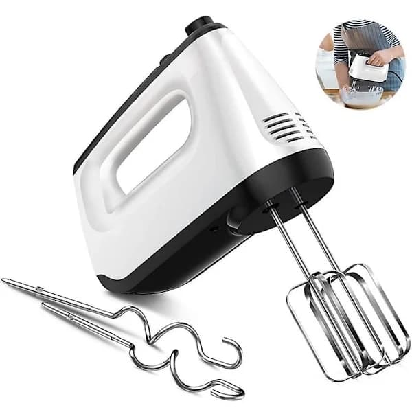 Electric Hand Mixer 6 Speeds with Turbo Function, 2 Whisks and 2 Dough Hooks for Baking, White