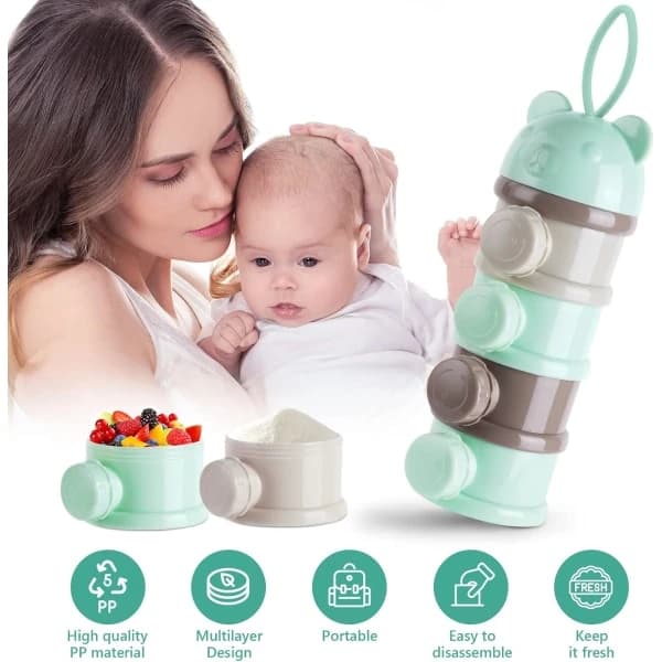Baby Formula Dispenser, Portable 4-Layer Twist Lock Compartments, Stackable Snack Storage Container for Travel, Green Grey Green/Grey Green/Grey