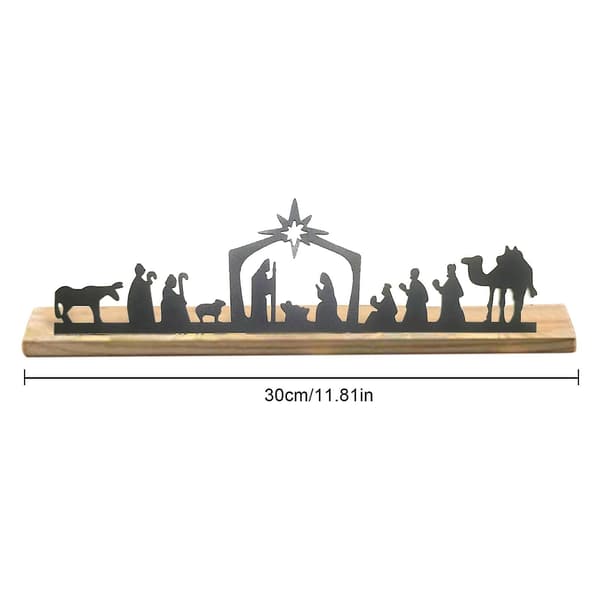 Julekrybbe til indendørs brug, sort metalkrybbe med træfod, lille julekrybbe