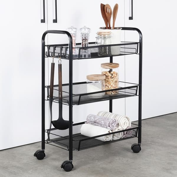 3-tier black metal trolley on wheels for home & office