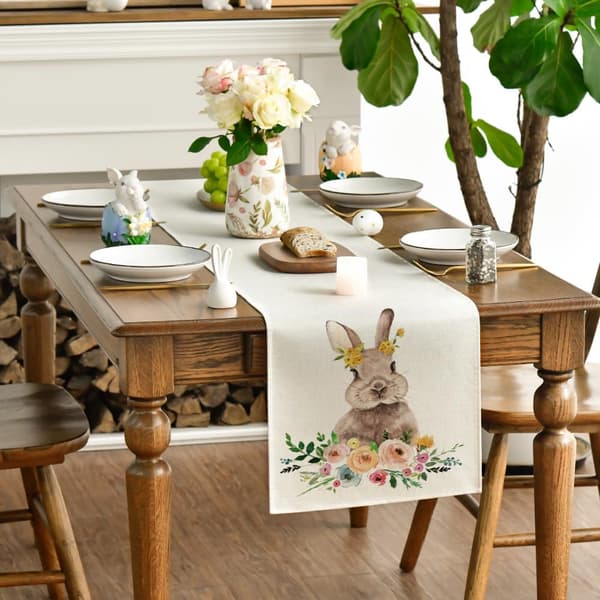 Easter Bunny Easter Table Runner, Seasonal Spring Flowers Holiday Kitchen Tablecloth, Suitable for Home Party Decoration 33x183cm