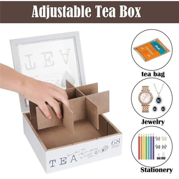 Trä te-låda med 9 fack och glaslock, vit-FX-