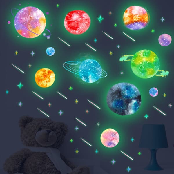 Selvlysende veggklistremerker for tak, planeter, stjerner, solsystem, galakse, rom, barnerom, barnehagedekor, jenter, gutter