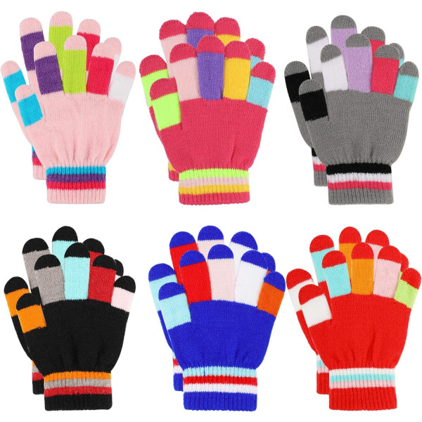 Barnhandskar Färgglada randiga stickade vinterhandskar Magic helfingerhandskar Elastiska varma handskar för pojkar, flickor, unisex, 5-10 år, 6 par