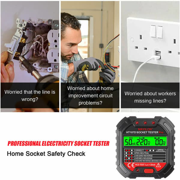 Socket Tester Earth Wire Phase Tester Compatible with EU Regulation HT107D
