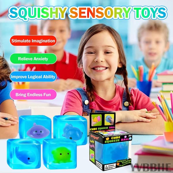 Blå klembar kube med lysende hval inni, klembar stressfidget-gummi leketøy, selvlysende dyr-maltose sensorisk leketøy