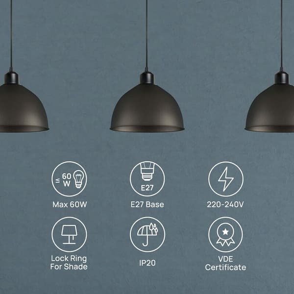 Adjustable 100 cm Textile Cable E27 Pendant Lamp with Screw Ring, Compatible with Kitchen Lamps, Black