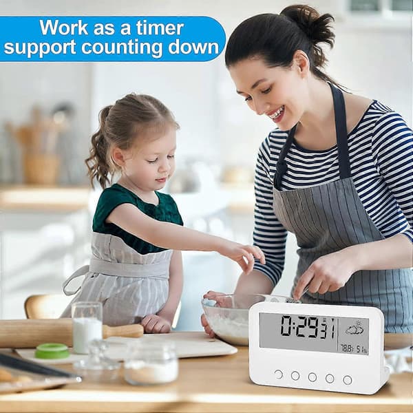 Digital alarm clock for bedroom, battery-powered desk clock, with countdown, weather, night light, date