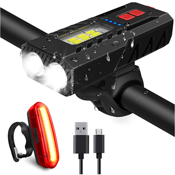 Cykellygte, kraftfuld USB-genopladelig LED-cykellygte for og bag, vandtæt 6 tilstande cykellygte