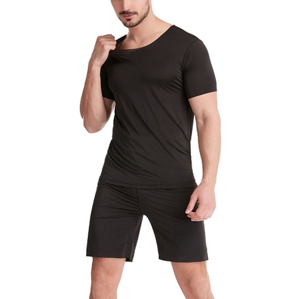 Pyjamasset för män Casual Kortärmade T-shirts + shorts Hemkläder, Färg: Svart, Storlek: L