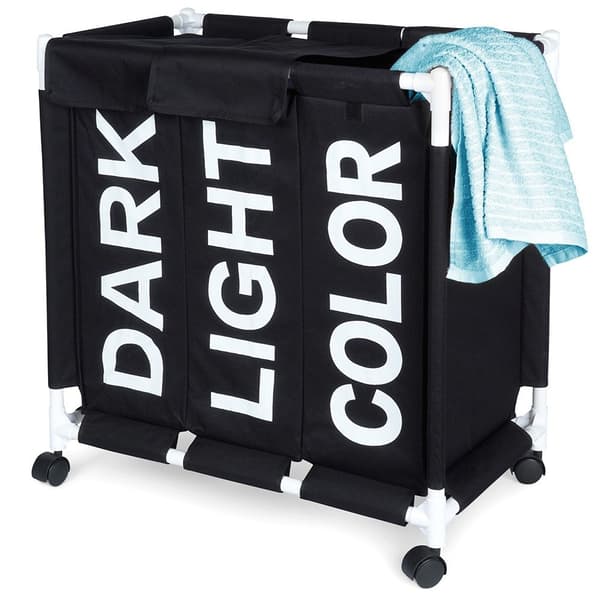 Laundry basket with wheels and three compartments for easy sorting
