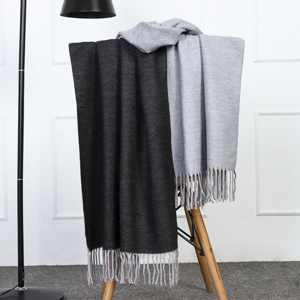 Ullscarf Dam Vinter Förtjockning Varm Damsjal Cashmere Scarf Höst och Vinter Herr Dubbelsidig halsduk (Ljusgrå Svart)