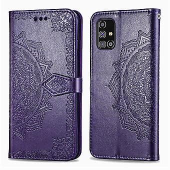 Horisontalt vendbart lærfutteral med Mandala-blomst for Galaxy M31s (lilla)