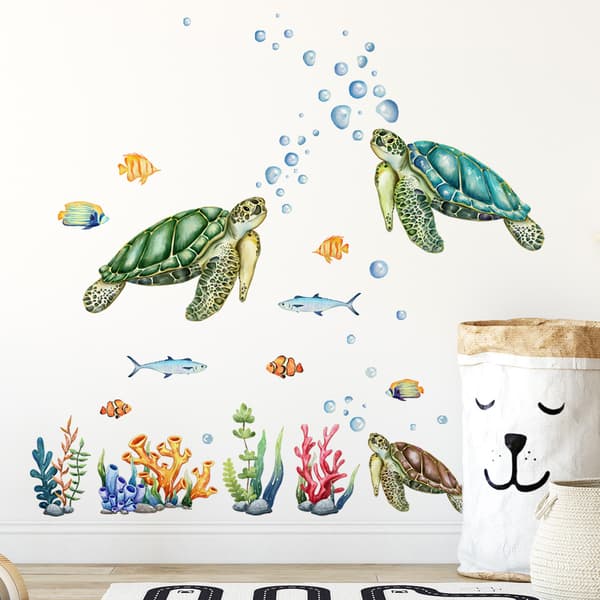 Havssköldpadda, vattenväxter, bubblor och fiskar, sovrumstapet väggdekaler (30*60cm, 2 stycken)