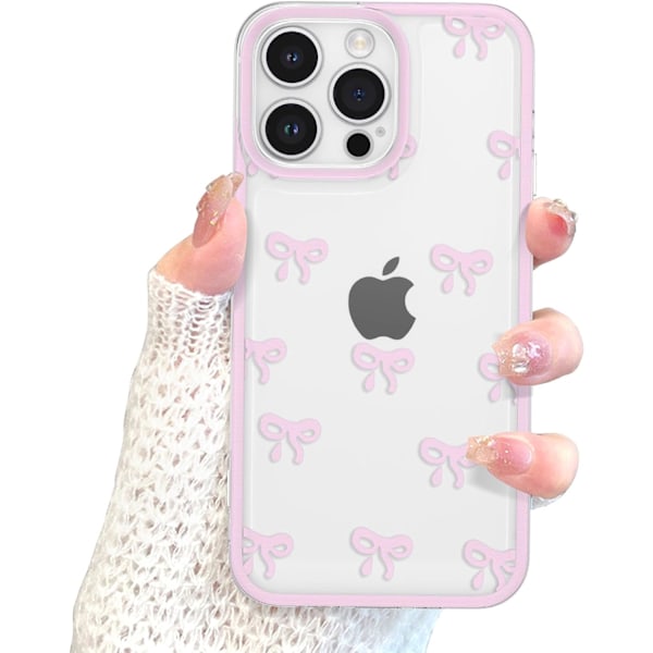 Cover til iPhone 14 Pro, Gennemsigtigt Sødt Bånd Sløjfe Mønster Æstetisk Transparent Telefon Cover Hævet Kamerabeskyttelse til Piger - Pink iPhone 14PRO