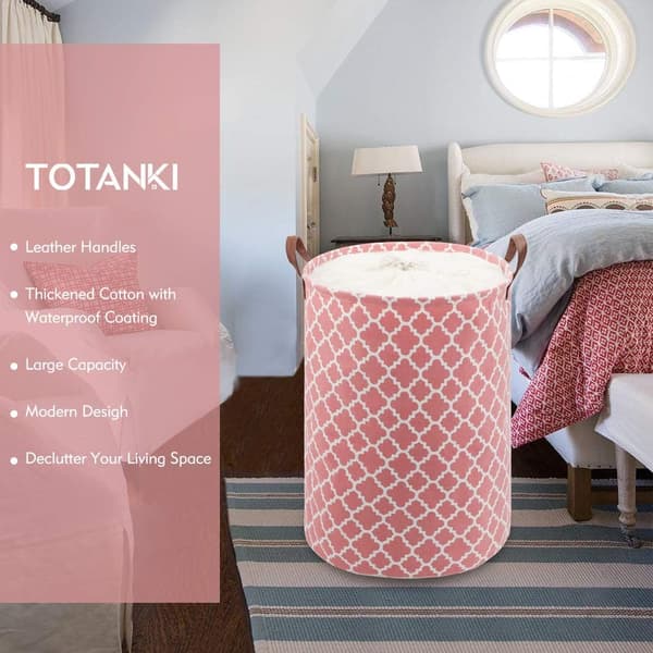 72L Thickened Extra Large Laundry Hamper with Durable Leather Handle Waterproof Inside, Drawstring Round Cotton Linen Foldable Storage Basket (Pink)