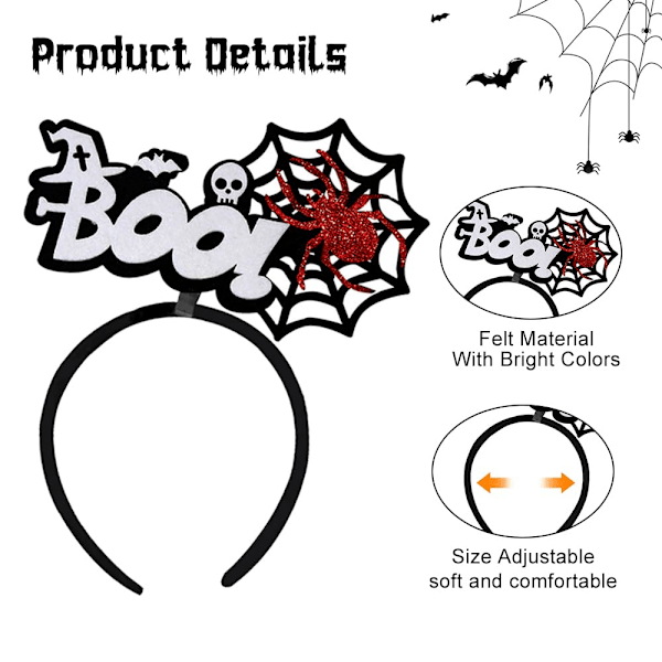 Halloween Hodebånd Edderkoppnett Hvit Flaggermus Skalle Hexehatt Hårtilbehør Hodebånd for Kvinner og Gutter Hodebånd Rød Edderkopp