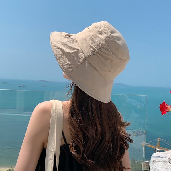 Snygg Plisserad Bucket Hat för Kvinnor Enfärgad Bomull Lätt Fiskehatt Vikbar Solskydd