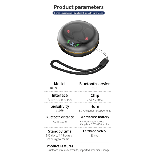 Bluetooth soveøretelefoner usynlige mini casual stereo sort