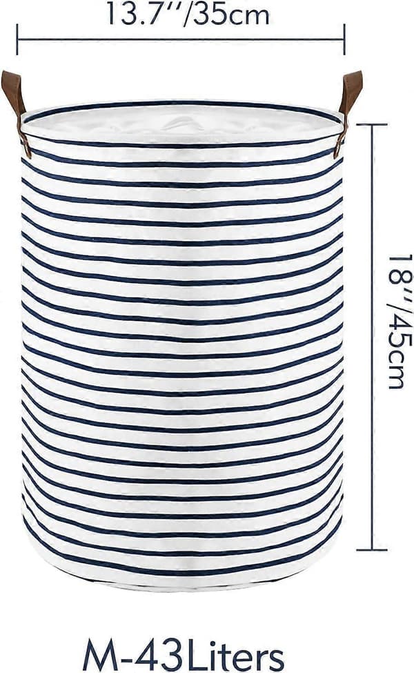 1 pc 18-inch Freestanding Laundry Hamper with Lid, (Blue Stripe, M)