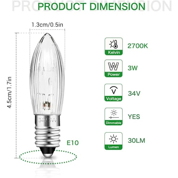 E10 34V 3W Candle Light Bulb with 7 Light Sources, Replacement Bulbs, 30LM Warm White 2700K, 10-pack