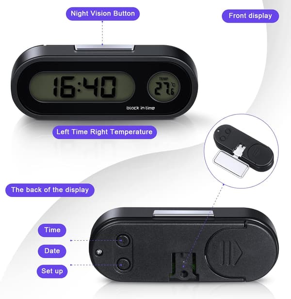 2-pack Digital Bilklocka, 2-i-1 Digital Klocka med Termometer för Bilens Instrumentbräda